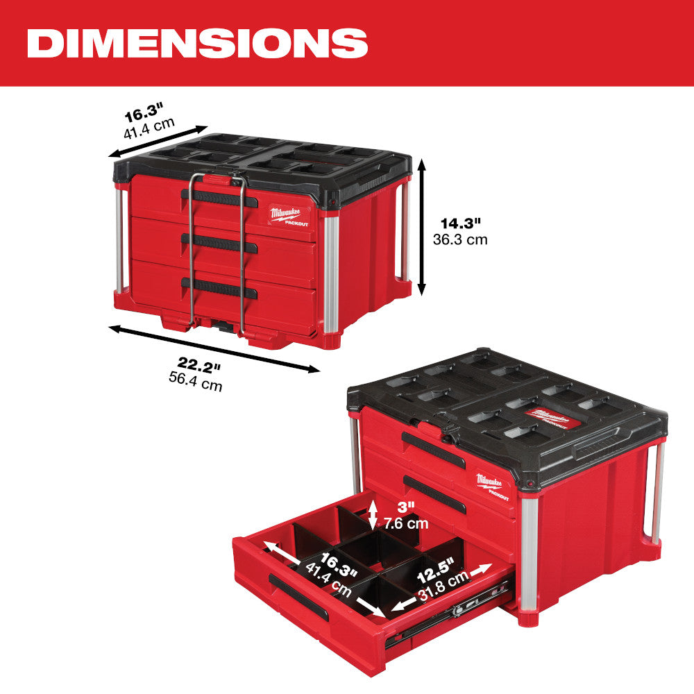 PACKOUT™ 3-Drawer Tool Box with dimensions displayed.