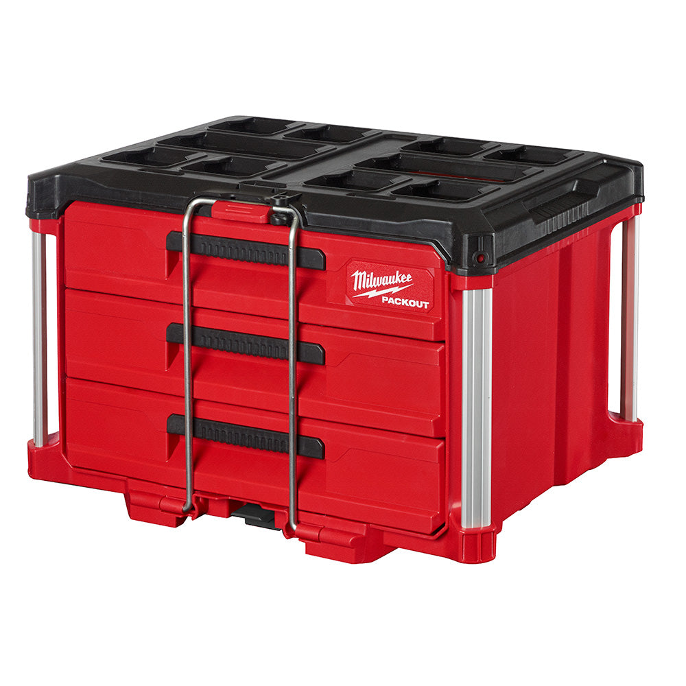 A red and black MILWAUKEE PACKOUT 3-Drawer Tool Box with a locking security bar and metal reinforced corners.