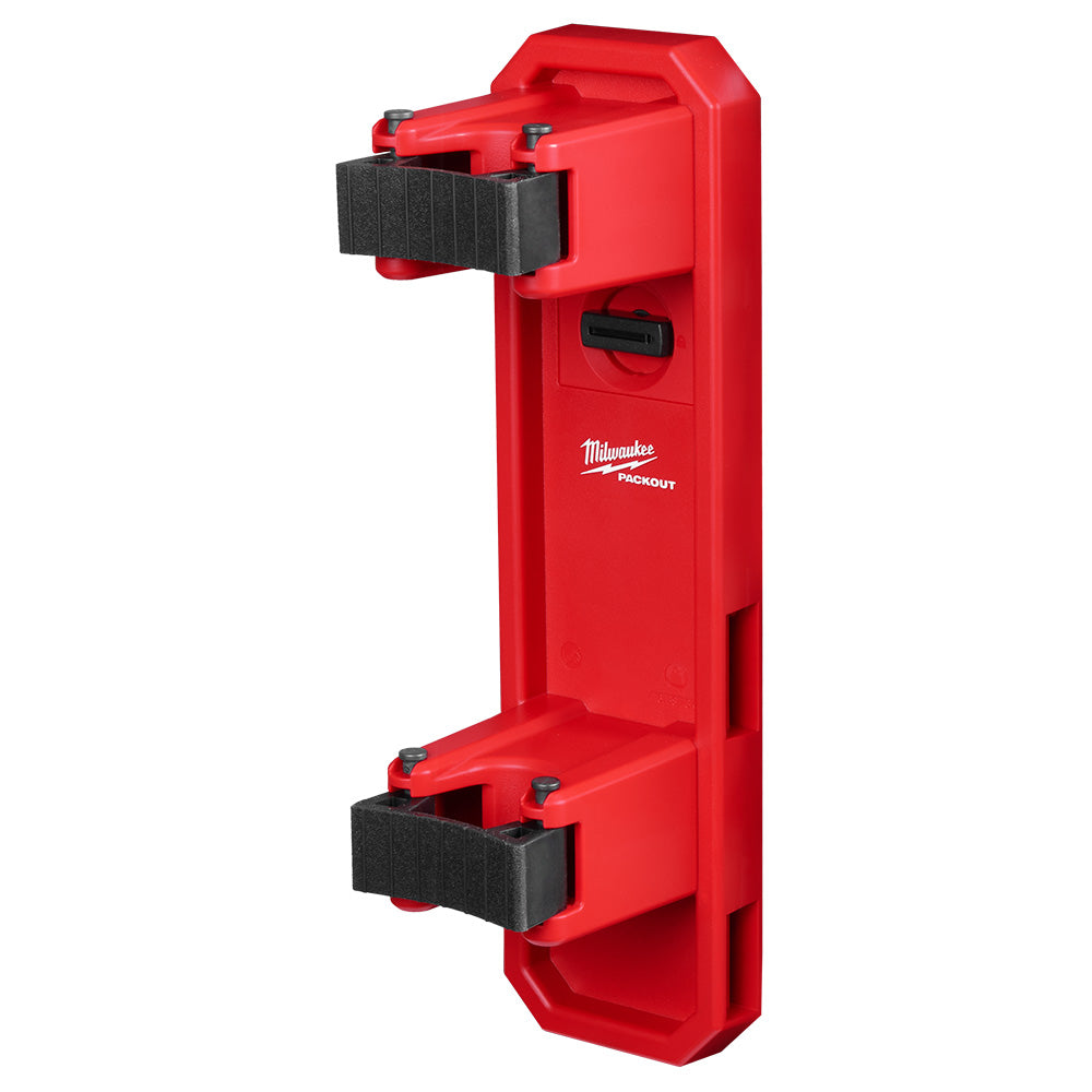 A red MILWAUKEE PACKOUT Long Handle Tool Holder with black quick access tool clamps and anti-slip rubber grips.