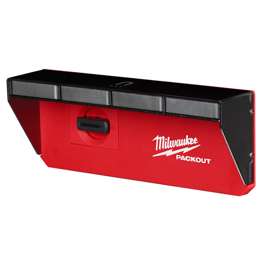 A red and black Milwaukee PACKOUT magnetic rack with three magnetic faces and a handle on the top.