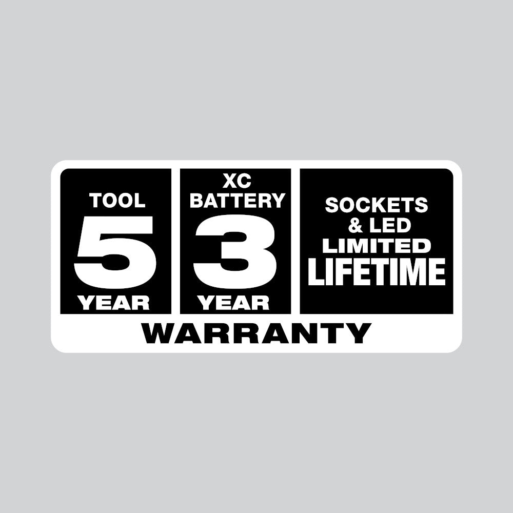 Warranty: Tool 5 Year, XC Battery 3 Year, Sockets & LED Limited Lifetime