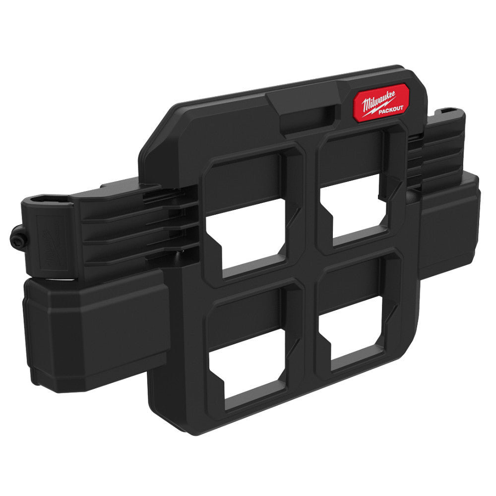 A black Milwaukee PACKOUT™ Tool Box Compact Plate designed for modular storage and organization on job sites.