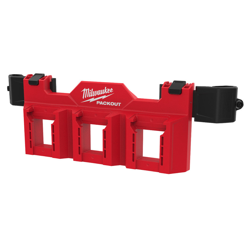 A red and black Milwaukee PACKOUT Tool Box M18 Battery Rack Attachment.