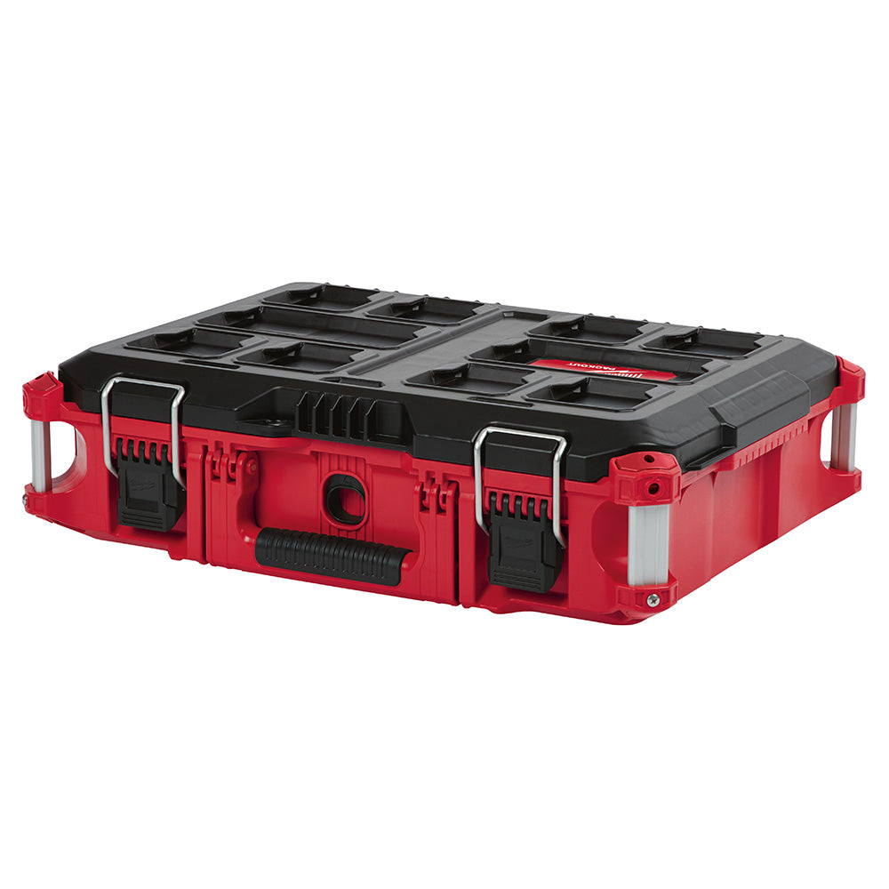 A red and black Milwaukee PACKOUT™ Tool Box with metal reinforced corners and heavy duty latches.
