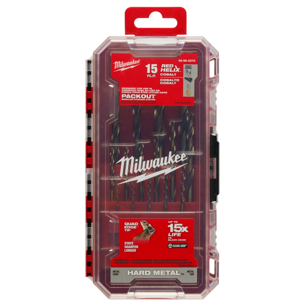 Packaged set of Milwaukee drill bits in red and black packaging.