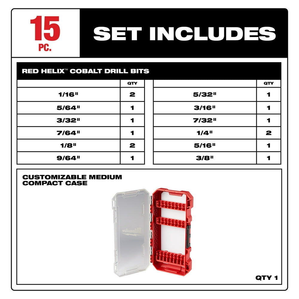 Chart detailing a 15-piece red helix cobalt drill bit set with quantities and customizable medium compact case.
