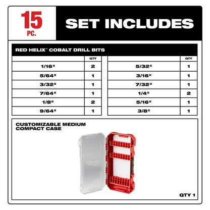 Chart detailing a 15-piece red helix cobalt drill bit set with quantities and customizable medium compact case.