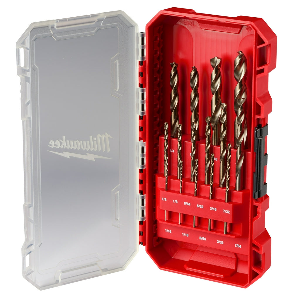 A set of Milwaukee RED HELIX Cobalt Drill Bits in various sizes, displayed in an open red and black case.