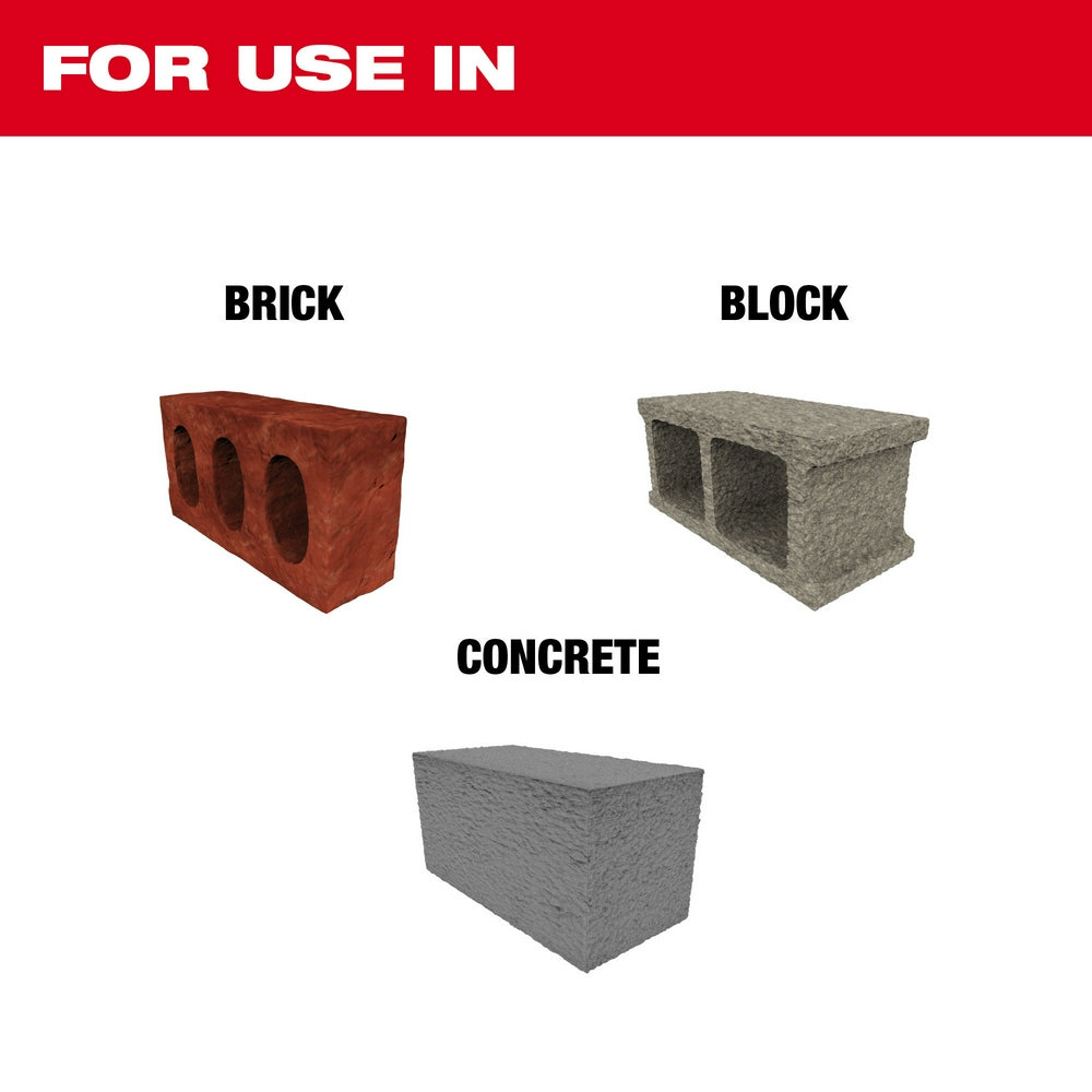 For use in Brick, Block, Concrete