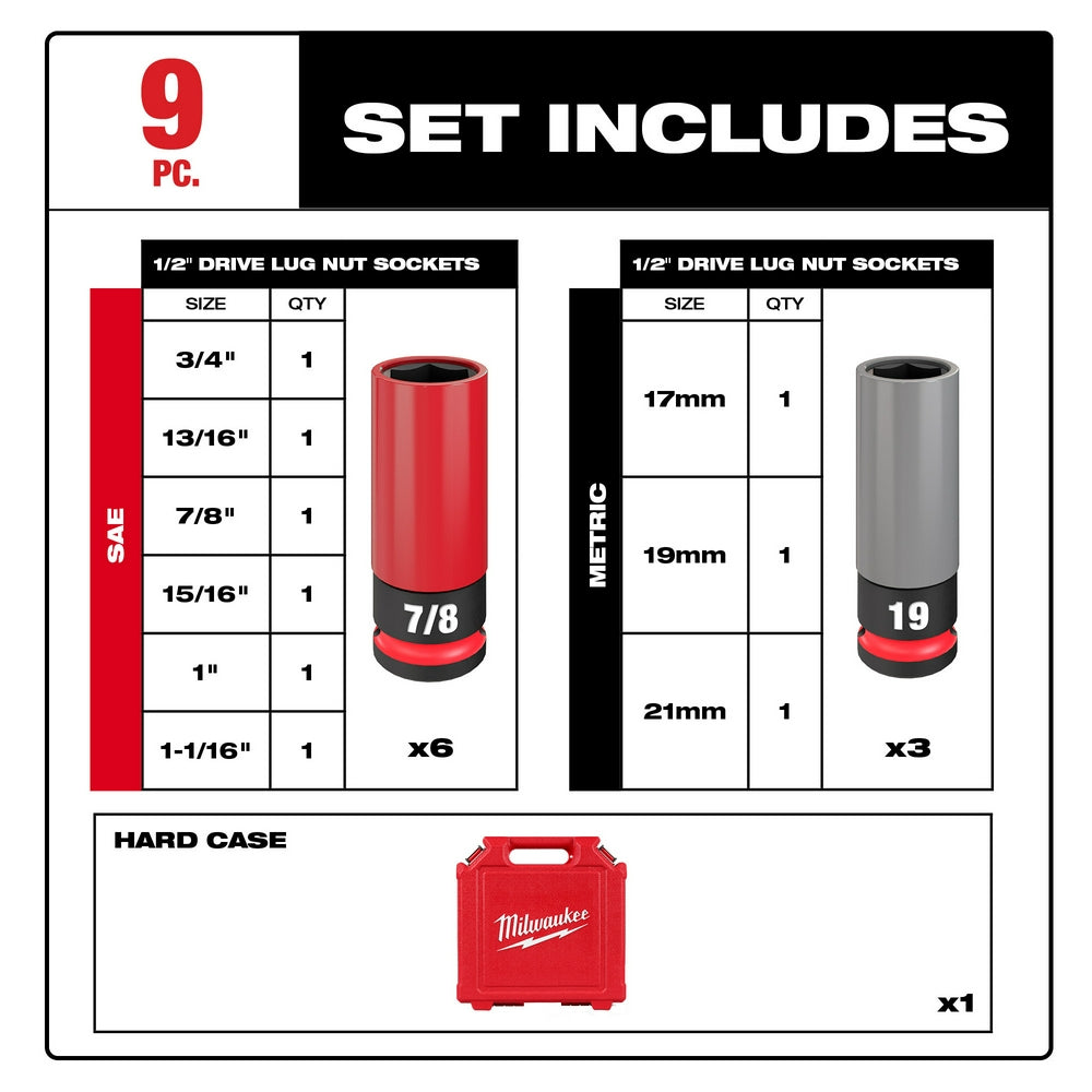 SHOCKWAVE™ Impact Duty 1/2 Drive SAE & Metric 9PC Lug Nut Wheel Socket Set