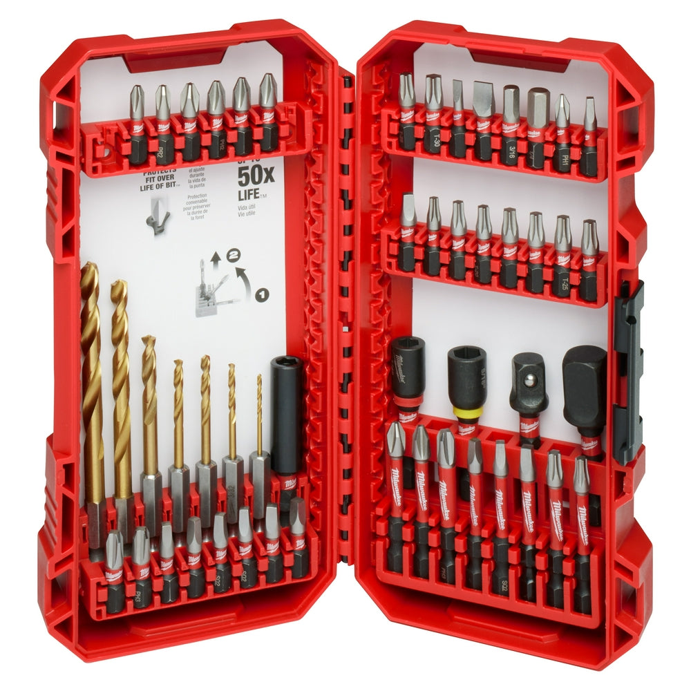 A set of 50 Milwaukee SHOCKWAVE Impact Duty Drill & Drive bits organized in an open red case with compartments for different sizes and types of bits, including screws and sockets.