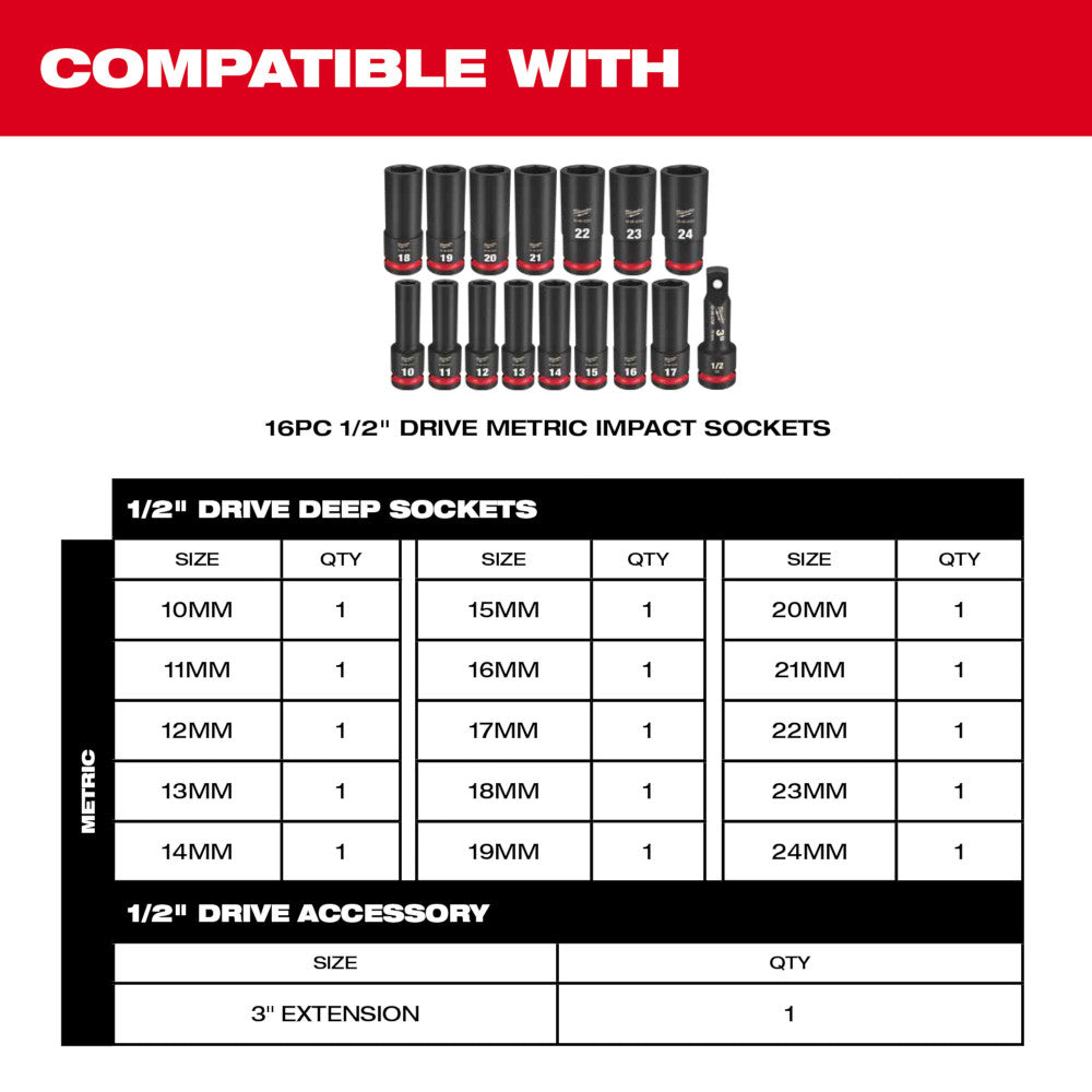 SHOCKWAVE™ Impact Duty Socket 1/2” Dr 16PC MM TRAY ONLY