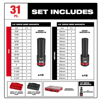 SHOCKWAVE™ Impact Duty Socket 1/2” Dr 31PC PACKOUT™ Set