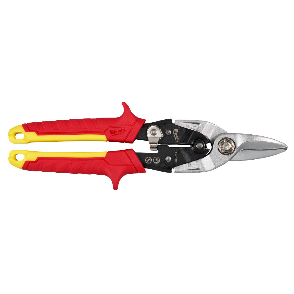 Pair of aviation snips with red and yellow handles on a white background