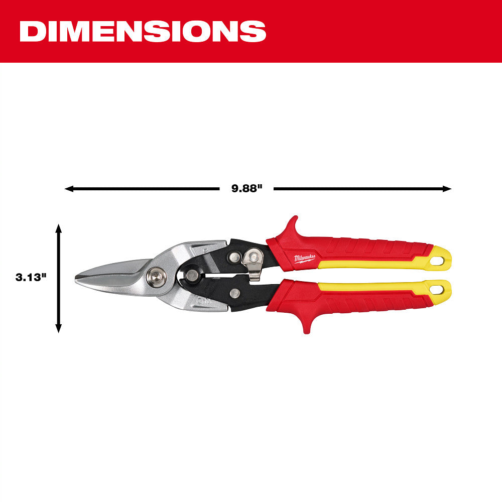 Shears with red and yellow handles and dimensions labeled on a white background