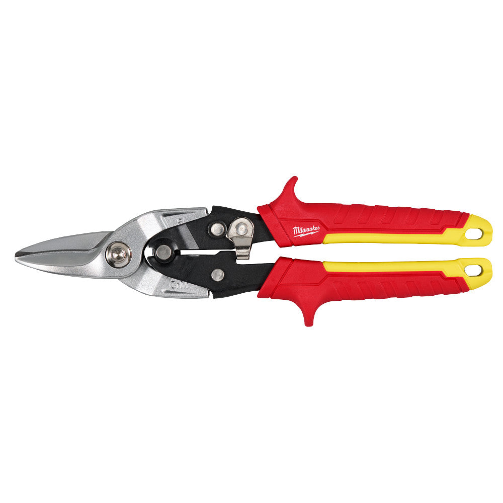 Pair of aviation snips with red and yellow handles on a white background