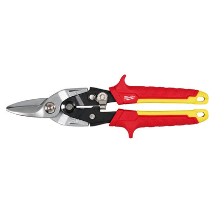Pair of aviation snips with red and yellow handles on a white background